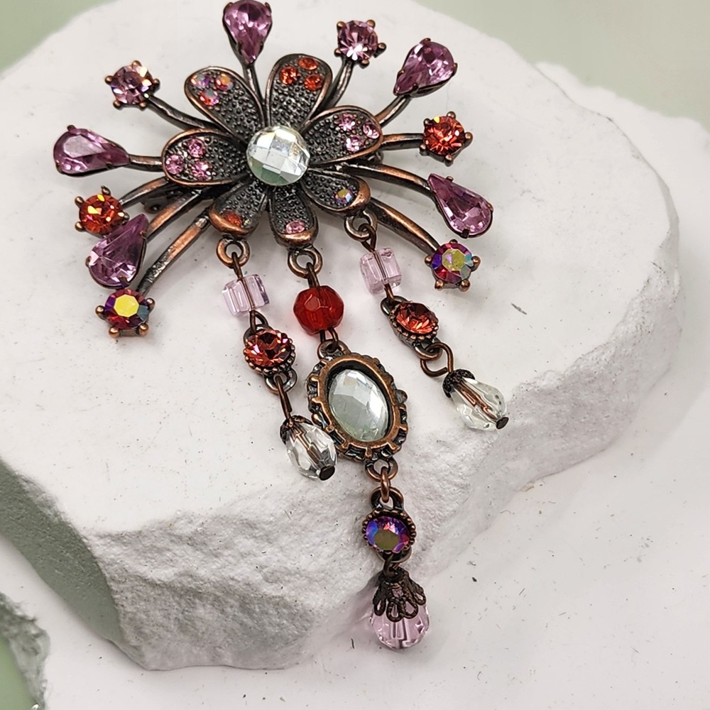 Pink Orange Rhinestone Floral Brooch Copper Tone Dangle Beads Statement Pin
